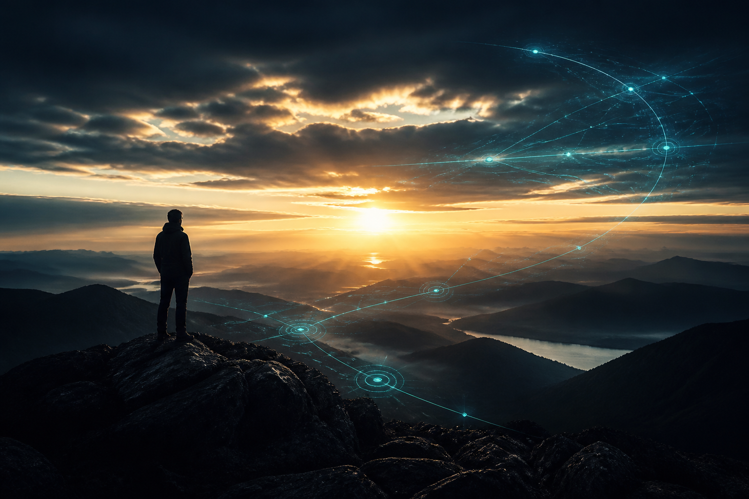 Traveler at a mountain horizon with luminous journey paths, presence and integration